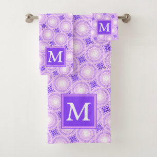 Monogram purple circles pattern bath towel set