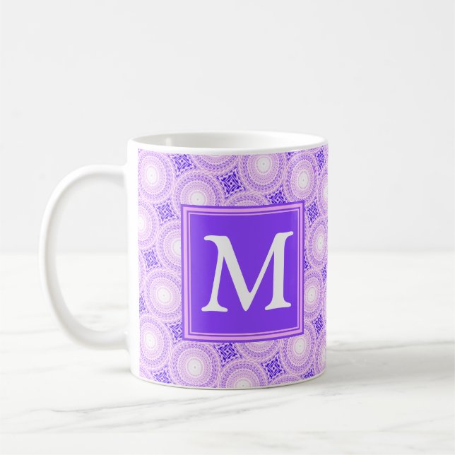 Monogram purple circles pattern coffee mug (Left)