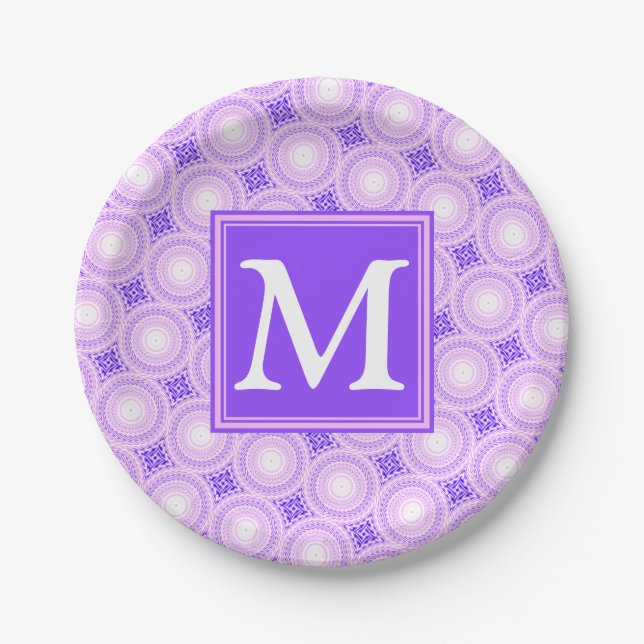 Monogram purple circles pattern paper plate (Front)