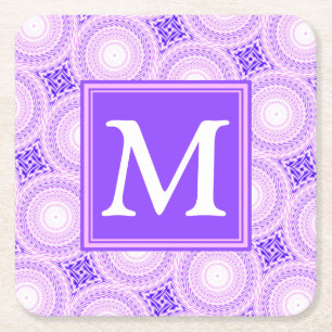 Monogram purple circles pattern square paper coaster