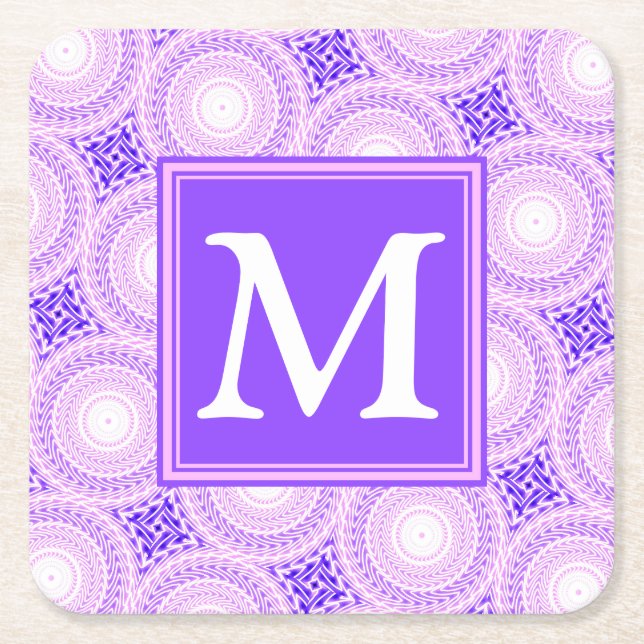 Monogram purple circles pattern square paper coaster (Front)