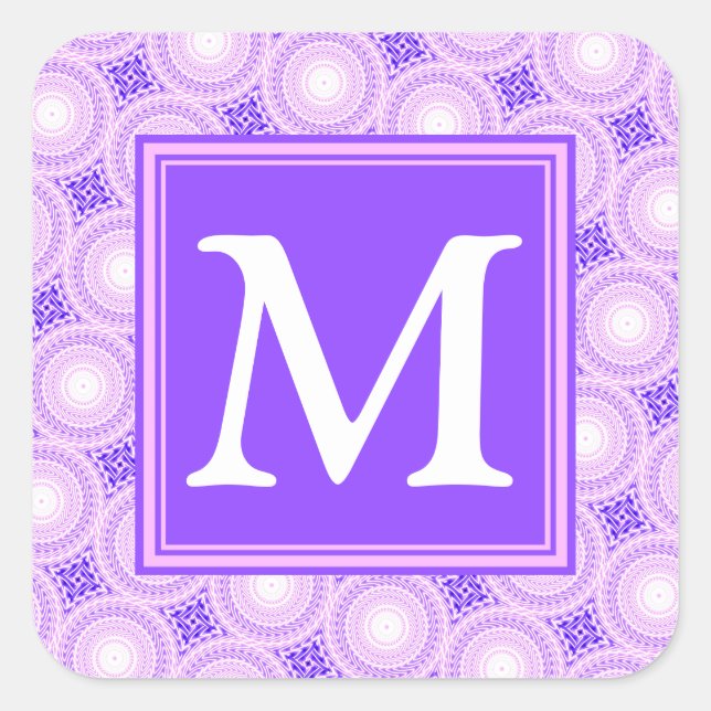 Monogram purple circles pattern square sticker (Front)