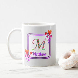 Monogram Purple Colourful Hearts Initial Last Name Coffee Mug