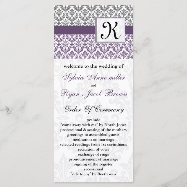 monogram purple damask Wedding program Programme (Front)
