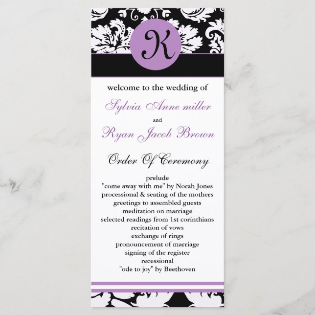 monogram purple damask Wedding program Programme (Front)