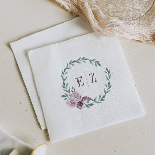 Monogram Purple Floral Foliage Boho Wedding Napkin
