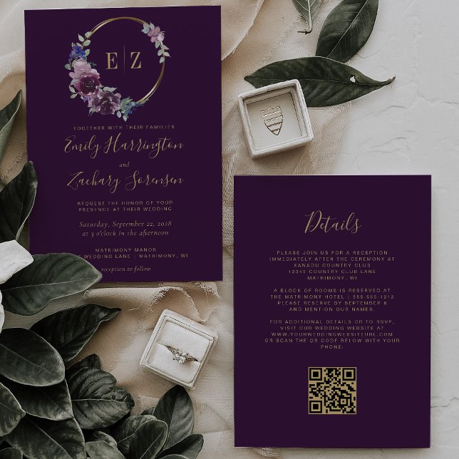 Monogram Purple Floral Wreath QR Code Wedding Invitation (Creator Uploaded)