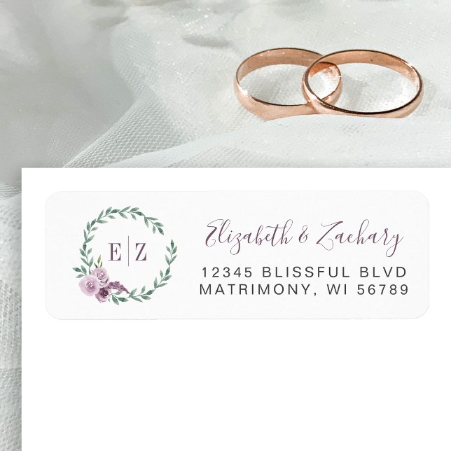 Monogram Purple Floral Wreath Return Address (Creator Uploaded)