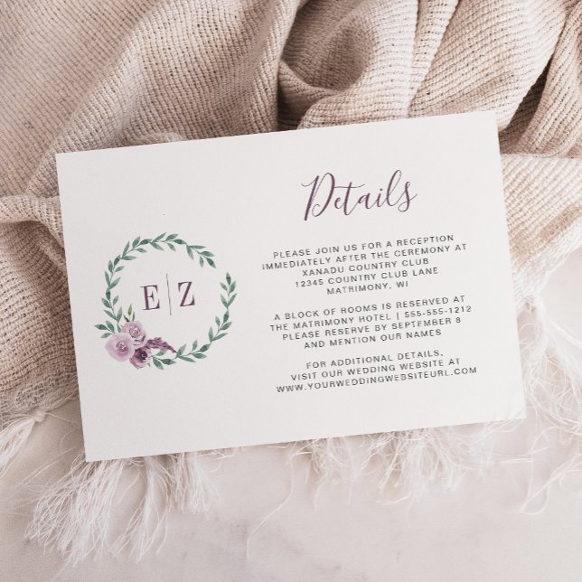 Monogram Purple Floral Wreath Wedding Details Enclosure Card (Creator Uploaded)
