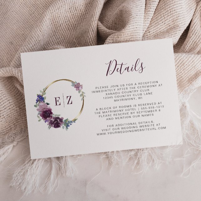 Monogram Purple Floral Wreath Wedding Details Enclosure Card (Creator Uploaded)