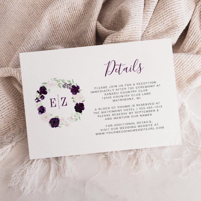 Monogram Purple Floral Wreath Wedding Details Enclosure Card (Creator Uploaded)