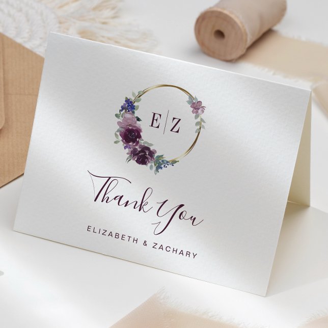 Monogram Purple Floral Wreath Wedding Thank You Card (Creator Uploaded)