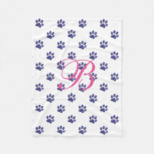 Monogram, Purple Glitter, Cat Paw Prints, Fleece Blanket