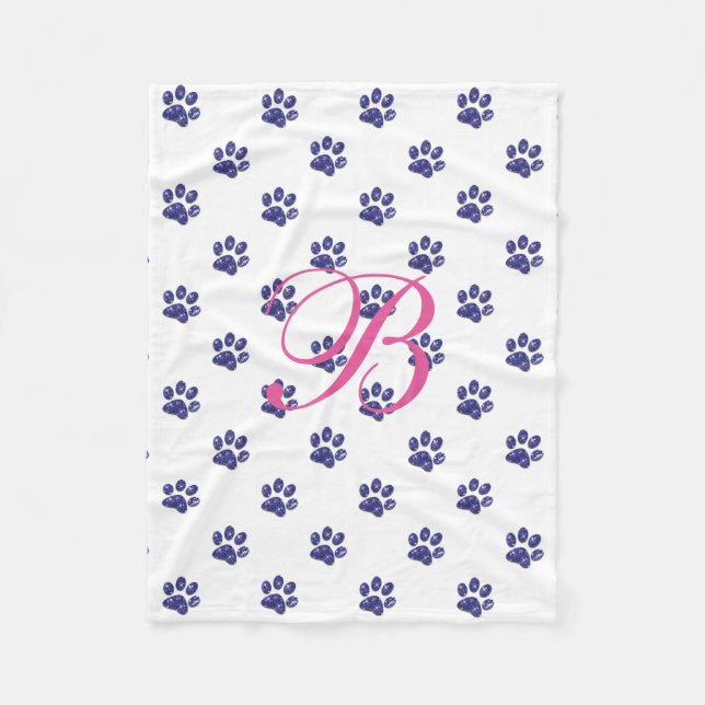 Monogram, Purple Glitter, Cat Paw Prints, Fleece Blanket (Front)