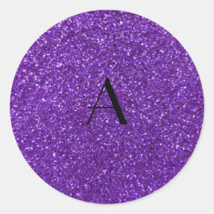 Monogram purple glitter classic round sticker