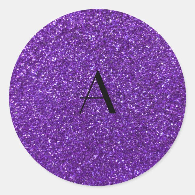 Monogram purple glitter classic round sticker (Front)