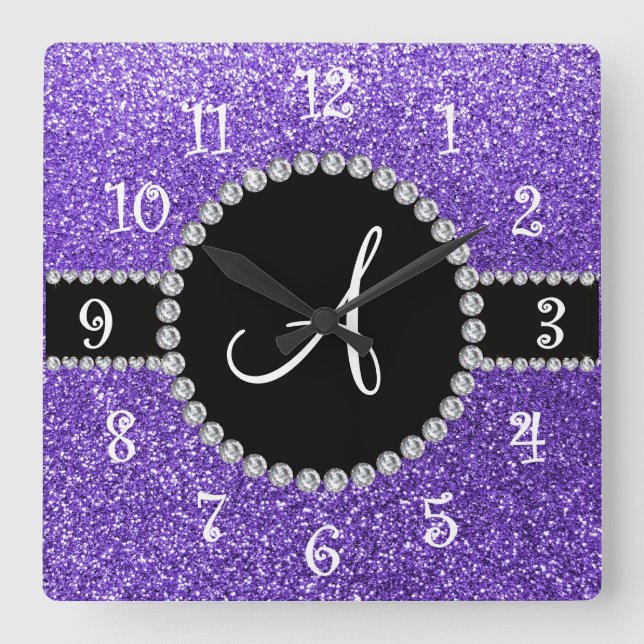 Monogram purple glitter diamond black circle square wall clock (Front)