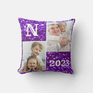 Monogram Purple Glitter Photo Christmas Holiday Cushion