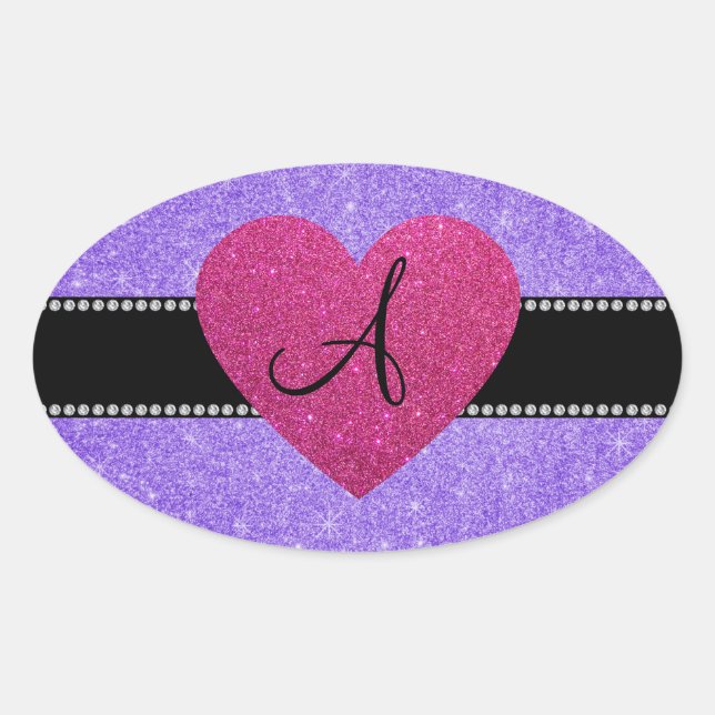 Monogram purple glitter pink heart oval sticker (Front)