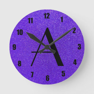 Monogram purple glitter round clock