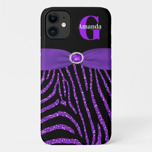 Monogram Purple Glitter Zebra iPhone 11 Case-Mate iPhone Case (Back)