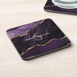Monogram Purple Gold Agate Geode Coaster