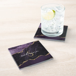 Monogram Purple Gold Agate Geode Glass Coaster