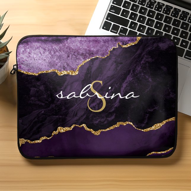 Monogram Purple Gold Agate Geode Laptop Sleeve (Creator Uploaded)
