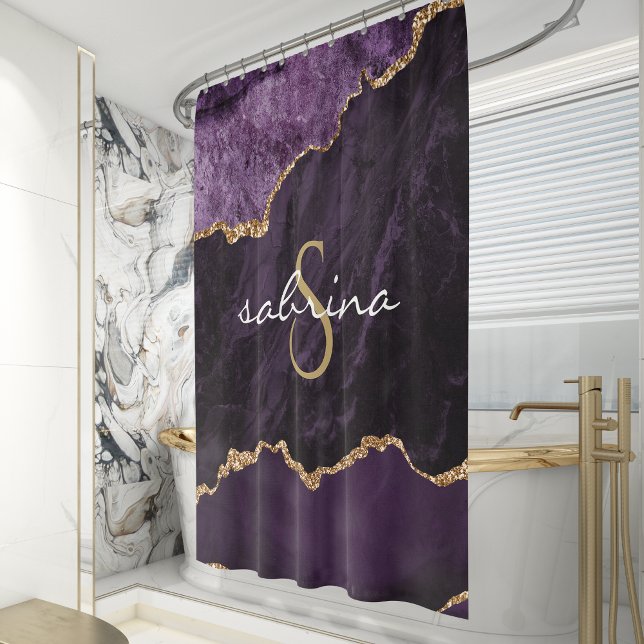 Monogram Purple Gold Agate Geode Shower Curtain (Creator Uploaded)