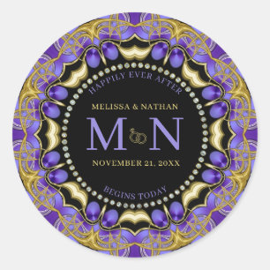 Monogram Purple Gold Diamond Lace Unique Wedding  Classic Round Sticker