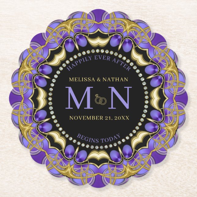 Monogram Purple Gold Diamond Lace Unique Wedding  Paper Coaster (Front)