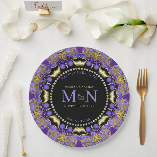 Monogram Purple Gold Diamond Lace Unique Wedding  Paper Plate (Wedding)