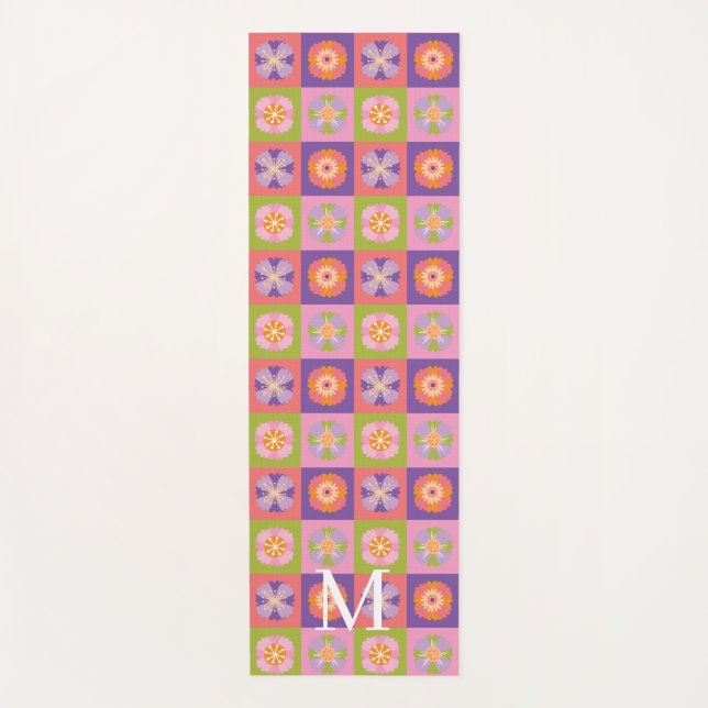 Monogram purple green floral pattern yoga mat (Front)