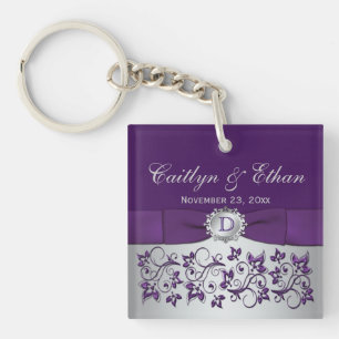 Monogram Purple Grey Floral Acrylic Keychain