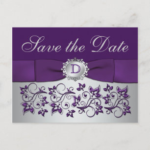 Monogram Purple Grey Floral Save the Date Postcard