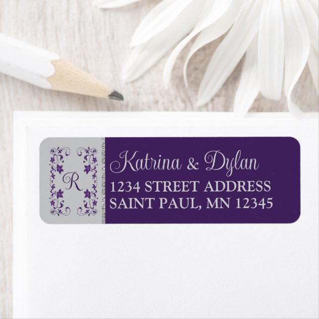 Monogram Purple, Grey Floral Wedding Address Label (Insitu)