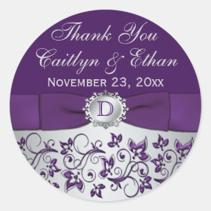 Monogram Purple Grey Floral Wedding Favour Sticker