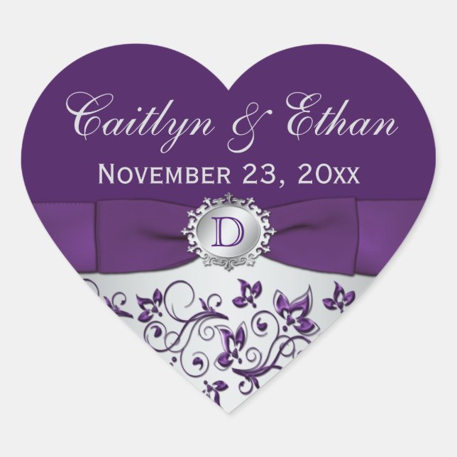 Monogram Purple Grey Floral Wedding Favour Sticker (Front)
