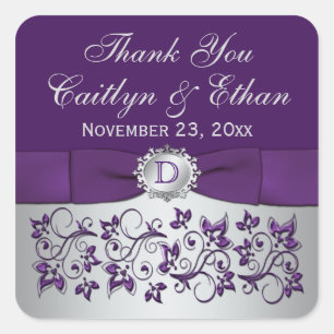 Monogram Purple Grey Floral Wedding Favour Sticker