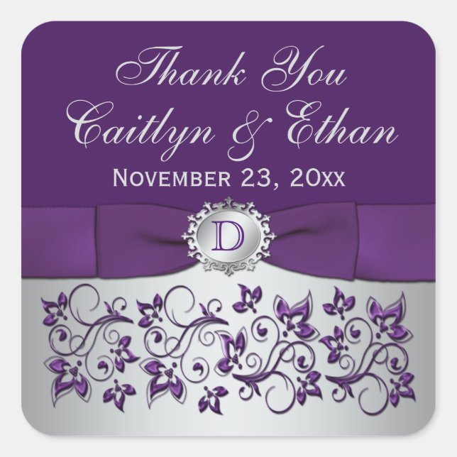 Monogram Purple Grey Floral Wedding Favour Sticker (Front)