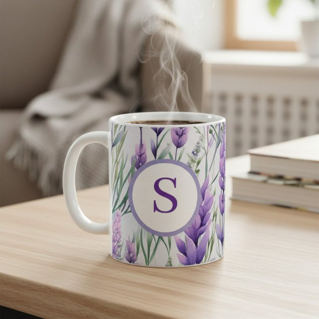 Monogram Purple Lavender Flower Field Coffee Mug (Creator Uploaded)