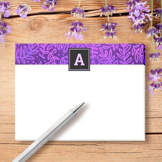 Monogram purple leaf botanical pattern bold modern post-it notes (Creator Uploaded)