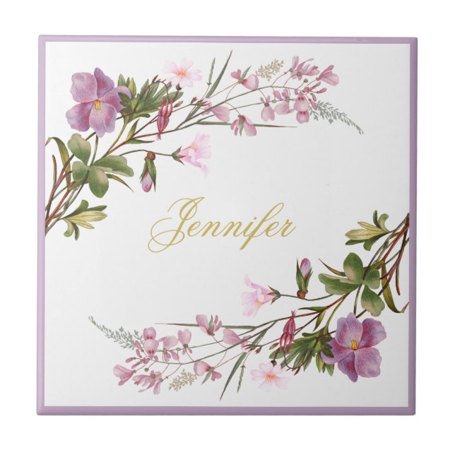 Monogram Purple Lilac Pink Flowers Vintage Elegant Tile (Front)