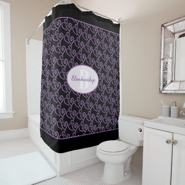 Monogram Purple Linked Hearts Pattern Over Black Shower Curtain (In Situ)