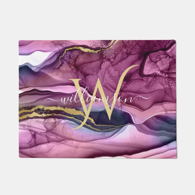 Monogram Purple Magenta Pink & Gold Agate Geode  Doormat (Front)