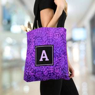 Monogram purple ombre leaf pattern bold modern tote bag