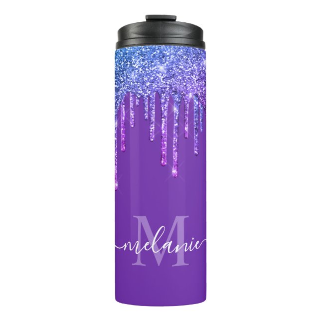 Monogram Purple Ombre Rainbow Glitter Drip Thermal Tumbler (Front)