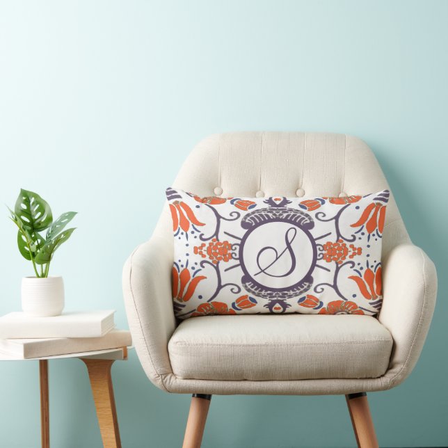 Monogram Purple Orange Blue Modern Floral Pillow (Chair)