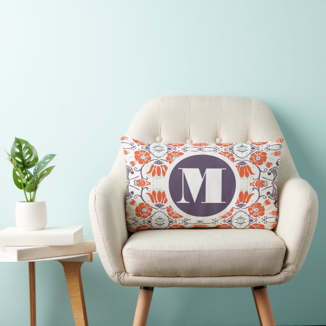Monogram Purple Orange Mint Modern Floral Pillow (Chair)
