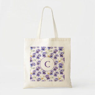 Monogram Purple Pansy Flower Pattern Watercolor  Tote Bag